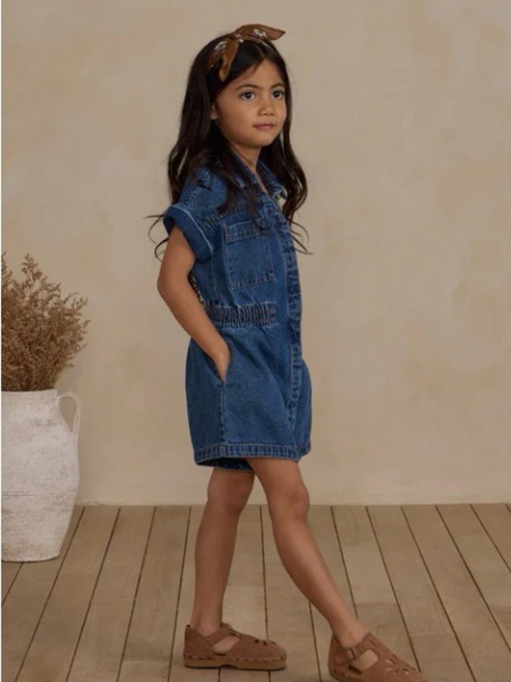 Rylee + Cru Utility Denim Romper | Embroidered Rope Heart Back | 4-5Y